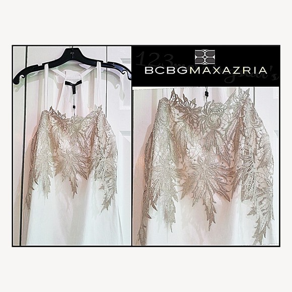 BCBGMAXAZRIA NEW OPTIC WHITE Metallic Embroidered Lace Racerback Tunic XS - Picture 2 of 11